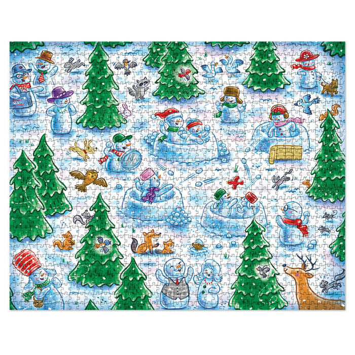 A completed jigsaw puzzle featuring a whimsical winter scene with snowmen, evergreen trees, sleds, and playful animals on a light blue snowy background.
