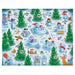 A completed jigsaw puzzle featuring a whimsical winter scene with snowmen, evergreen trees, sleds, and playful animals on a light blue snowy background.