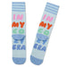 Light blue socks with colorful text and design on a white background