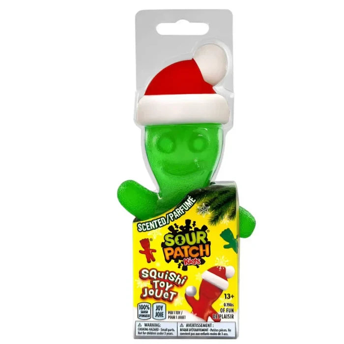 Sour Patch Kids Squishy toy with Santa hat packaging on a white background