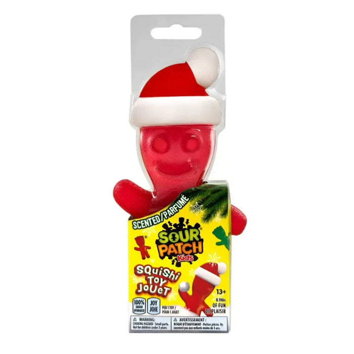 Sour Patch Squid Patch candy in a Santa hat shape, packaged on a white background with its yellow and red cardboard box visible below.
