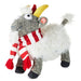 Plush toy goat with a red and white scarf on a white background