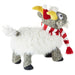 Plush toy resembling a sheep with a red scarf and yellow horn-like feature on a white background