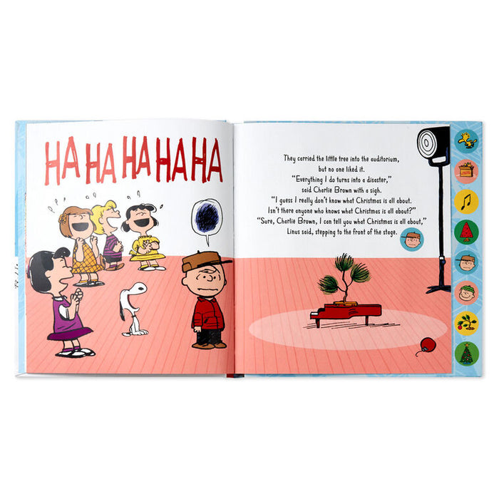 Open book with cartoon characters and text on a white background