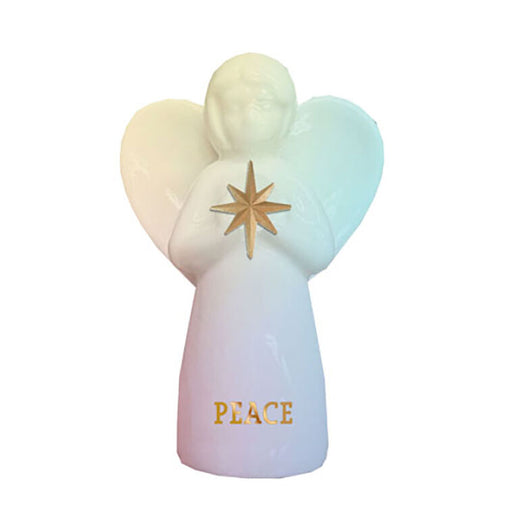 Decorative angel figurine with 'PEACE' text and star symbol on a white background