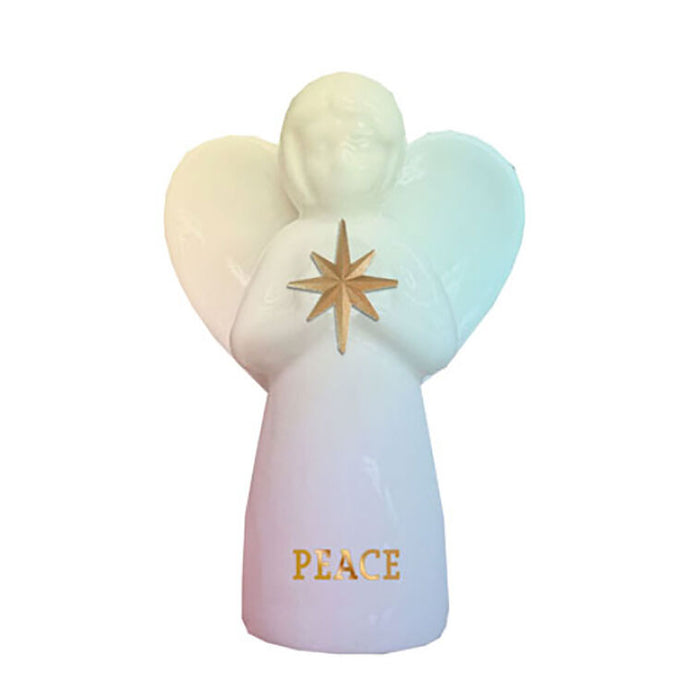 Decorative angel figurine with 'PEACE' text and star symbol on a white background