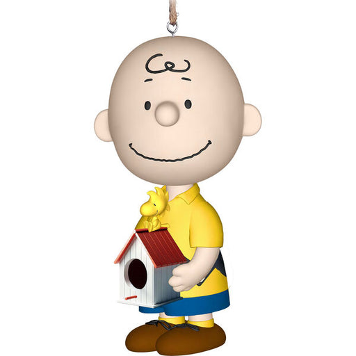 Character holding a birdhouse and a dog figurine on a white background