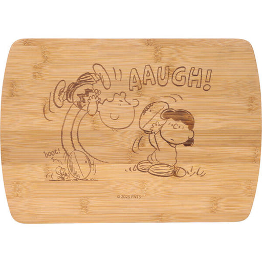 Wooden cutting board with engraved cartoon characters and text on a white background