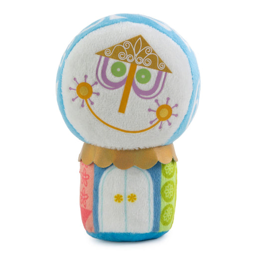 Colorful plush toy with a face on a white background