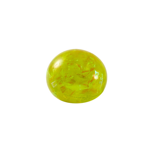 A translucent lime green stress ball with embedded glitter flakes, centered on a plain white background.