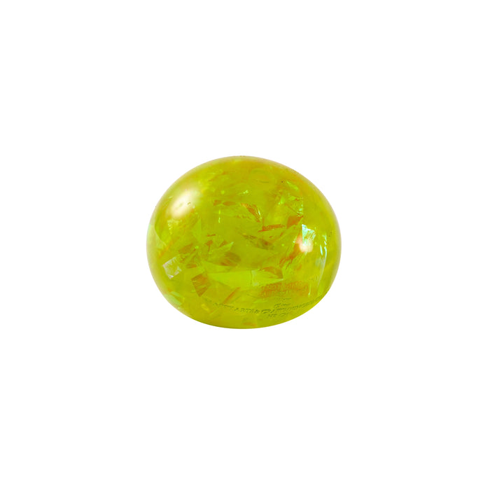 A translucent lime green stress ball with embedded glitter flakes, centered on a plain white background.