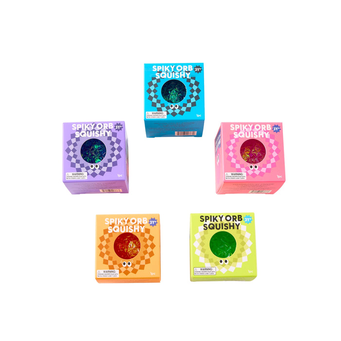 Five colorful boxes of Spiky Orb Squishy toys arranged on a plain white background, each in a different color: purple, blue, pink, orange, and green.