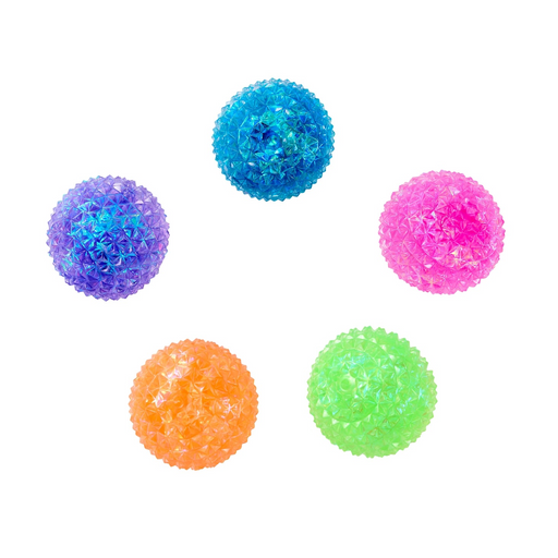 Five colorful glittery balls on a white background