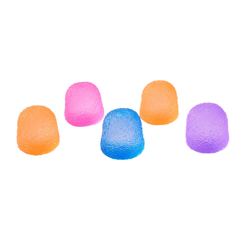 Five colorful foam earplugs on a white background