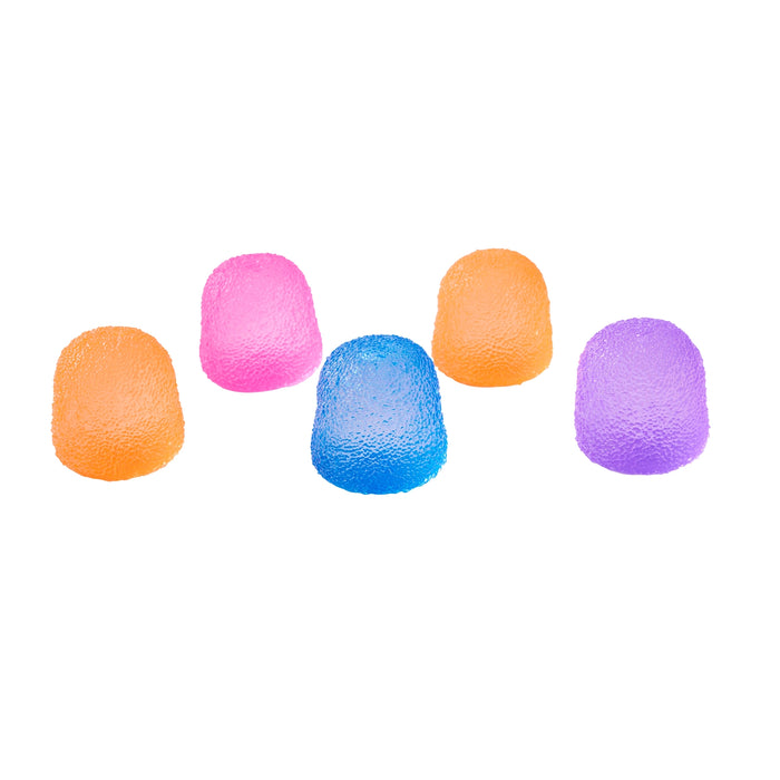 Five colorful foam earplugs on a white background