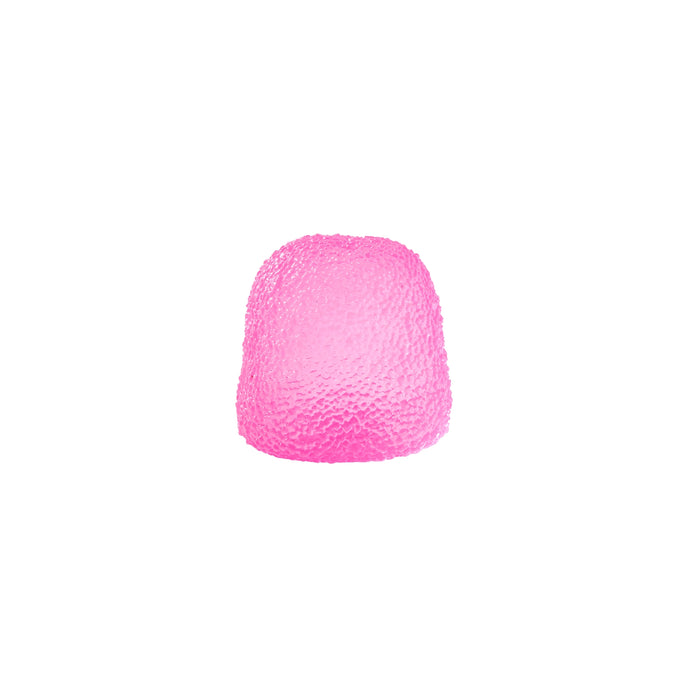 A single small dome-shaped pink textured item centered on a plain white background.