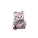 A small teddy bear figurine covered in dense multicolor glitter, featuring a sad expression and small circular ears, shown on a plain white background.
