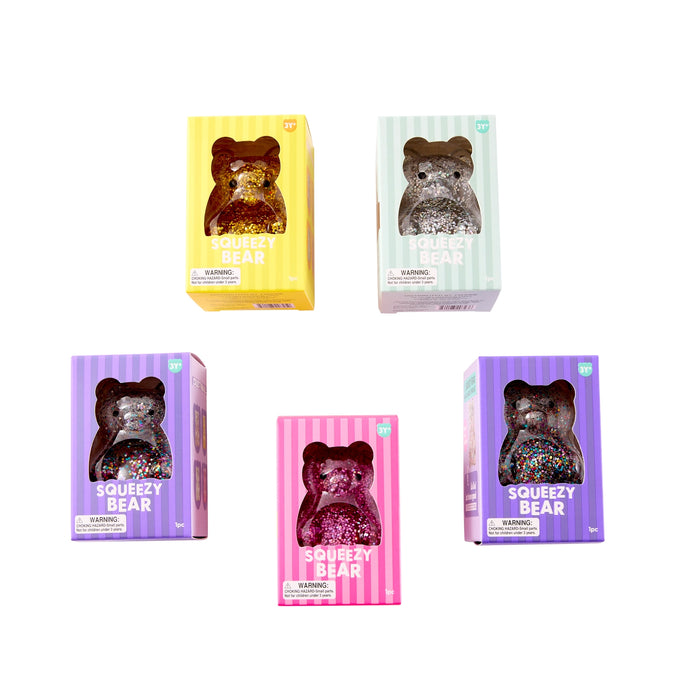 Five colorful boxes of Squeezy Bears on a white background