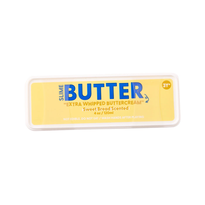 A 3-year slime buttercream candle in a clear plastic tub with a yellow label. The label features the brand name 'Slime Butter' in blue and yellow text, with 'Extra Whipped Buttercream' and 'Sweet Bread Scented' written below.