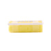 A rectangular plastic tub of yellow butter with a white lid, shown on a plain white background.