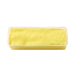 A rectangular plastic tub filled with bright yellow whipped cream or butter, photographed on a plain white background.