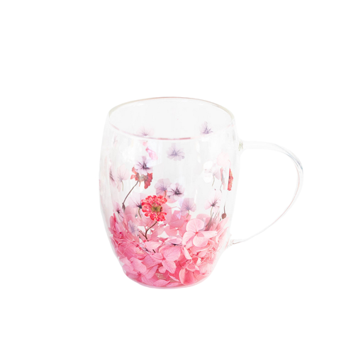 Clear glass mug with floral design on a white background
