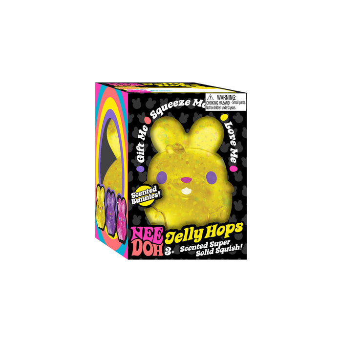 Yellow jelly hop toy in a colorful box on a white background