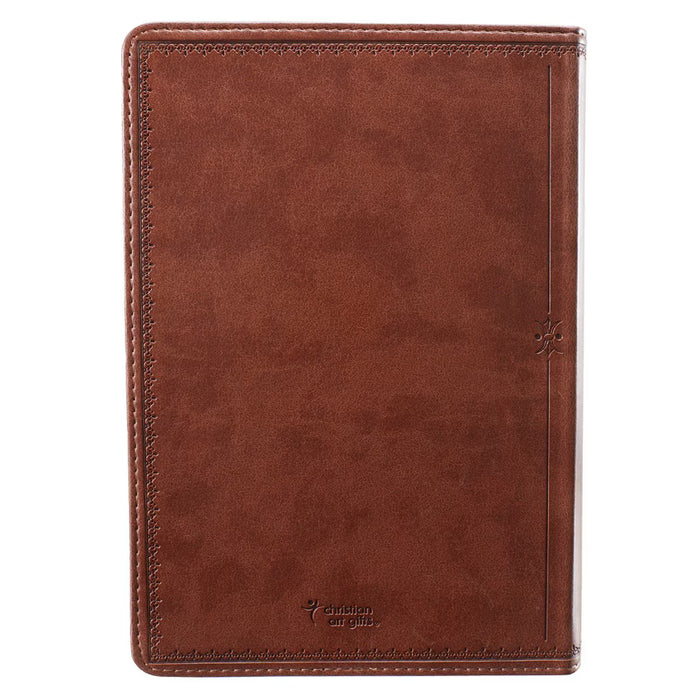 Brown leather notebook with visible brand logo on a white background