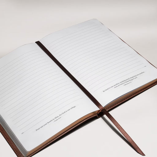 Open notebook with lined pages on a white background