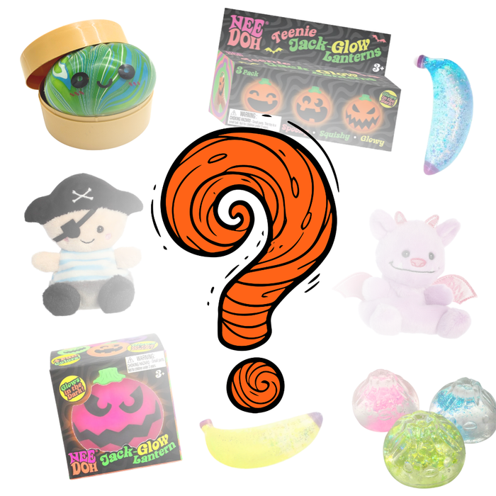 A collage of NEE DOH Teenie Jack Glow Scenters on a white background, featuring a large orange question mark in the center. The products shown include a green and blue glow slime, a pink glow candle in a pumpkin box, a blue glittery glow banana, a pirate plush, a pink plush, and several glow-in-the-dark balls in different colors.