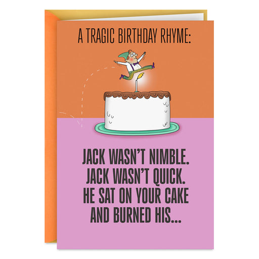 Birthday card with cartoon character on cake and humorous text