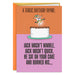 Birthday card with cartoon character on cake and humorous text