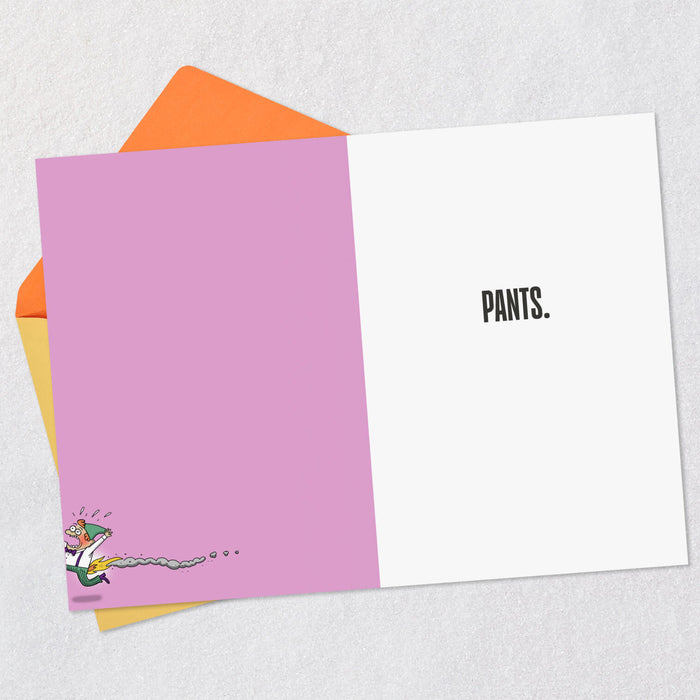 Greeting card with a humorous illustration and the word 'PANTS.' on a light gray background