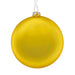 A round, glossy yellow Christmas ornament with a white hanging ribbon and a silver metal cap, shown against a plain white background.