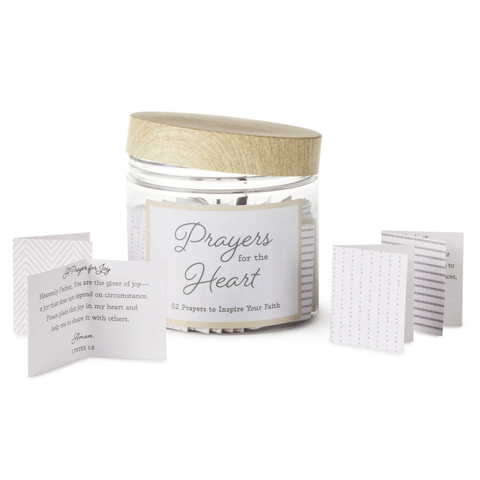 Jar of 'Prayers for the Heart' with cards on a white background