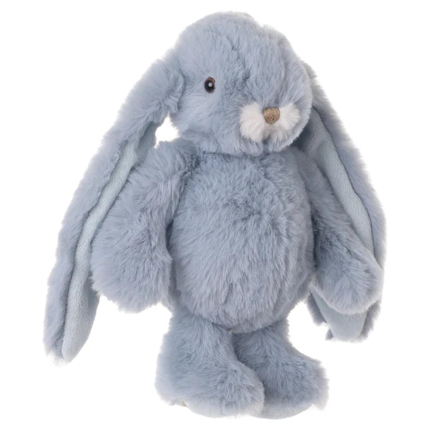 Plush toy rabbit in light blue on a white background