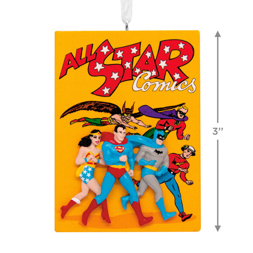 Decorative sign with superhero characters and 'All Star Comics' text on a yellow background