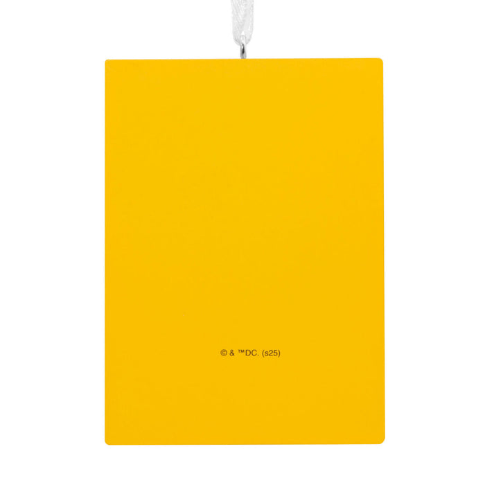 A minimalist yellow rectangular ornament or card with a small black copyright mark near the bottom center and a white hanging ribbon at the top, shown on a plain white background.