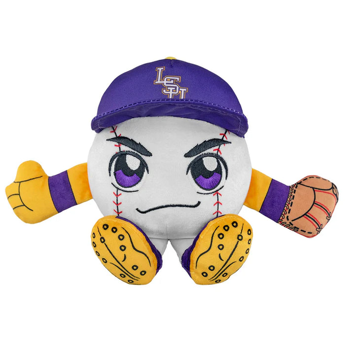 Plush toy resembling a baseball with a face, wearing a purple cap and yellow pants on a white background