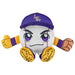 Plush toy resembling a baseball with a face, wearing a purple cap and yellow pants on a white background