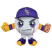 Plush toy resembling a baseball with a face, wearing a purple cap and gloves on a white background