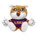 Plush toy tiger with LSU logo on a white background