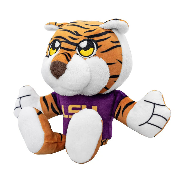 Plush tiger toy with LSU logo on a white background