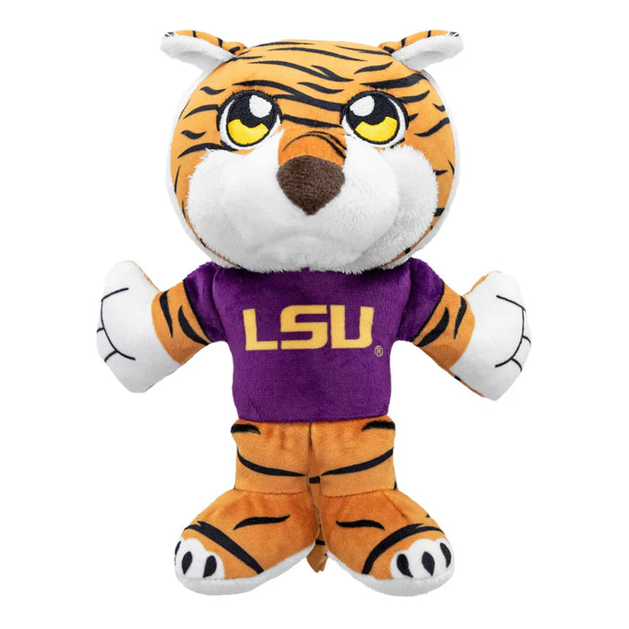 Plush toy tiger mascot wearing a LSU shirt on a white background