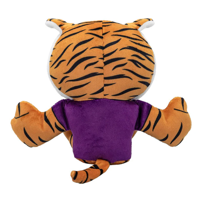 Plush tiger toy with a purple shirt on a white background