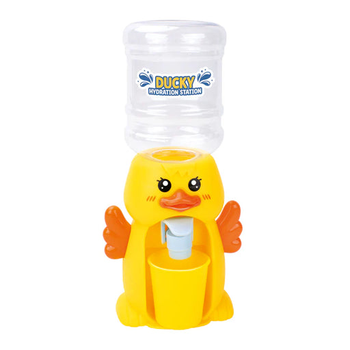 Yellow duck-shaped hydration station with water bottle on a white background