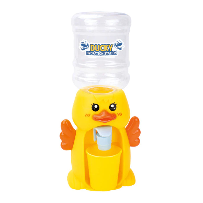 Yellow duck-shaped hydration station with water bottle on a white background