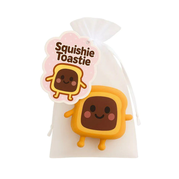 Squishie Toastie toy with a white drawstring bag on a white background