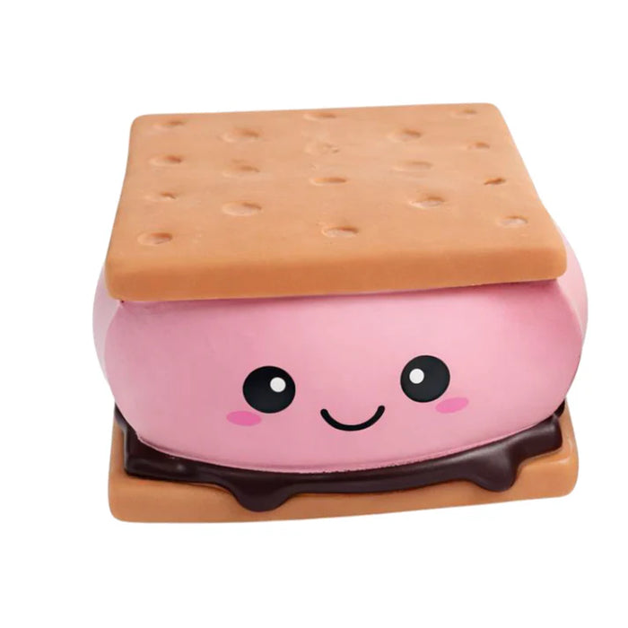 Toy smores with a happy face on a white background