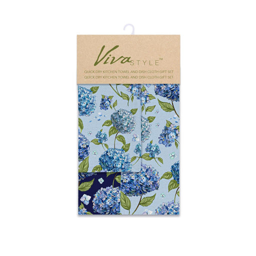 Packaged kitchen towel set with blue floral design and 'Viva Style' branding.